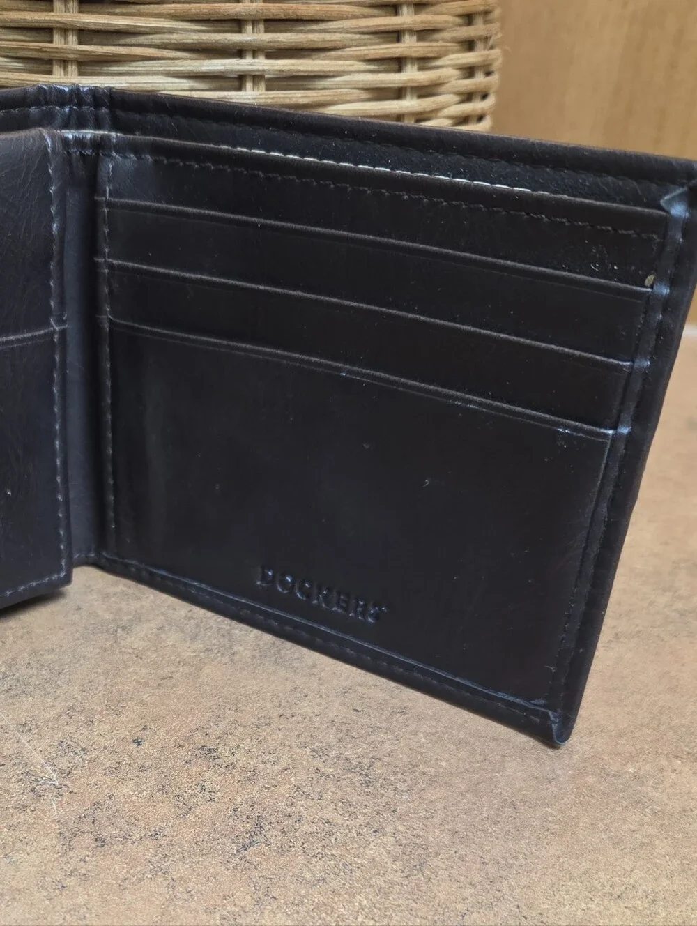 Dockers Dark Brown Leather RFID Bi-Fold Wallet with Contrast Stitching